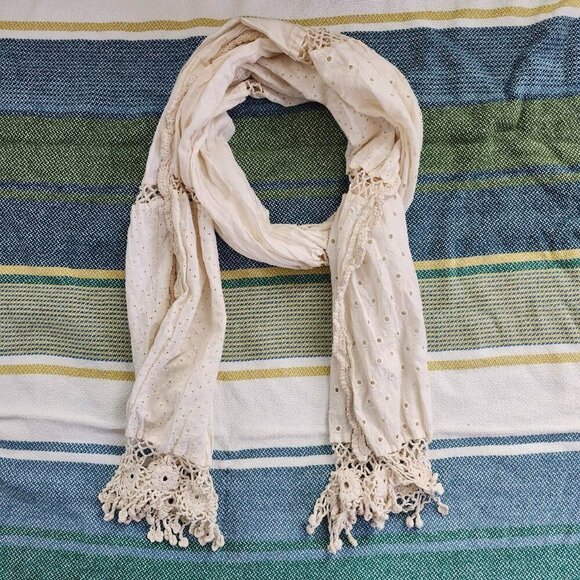 Other Accessories - Cream pointelle crochet boho scarf with fringe